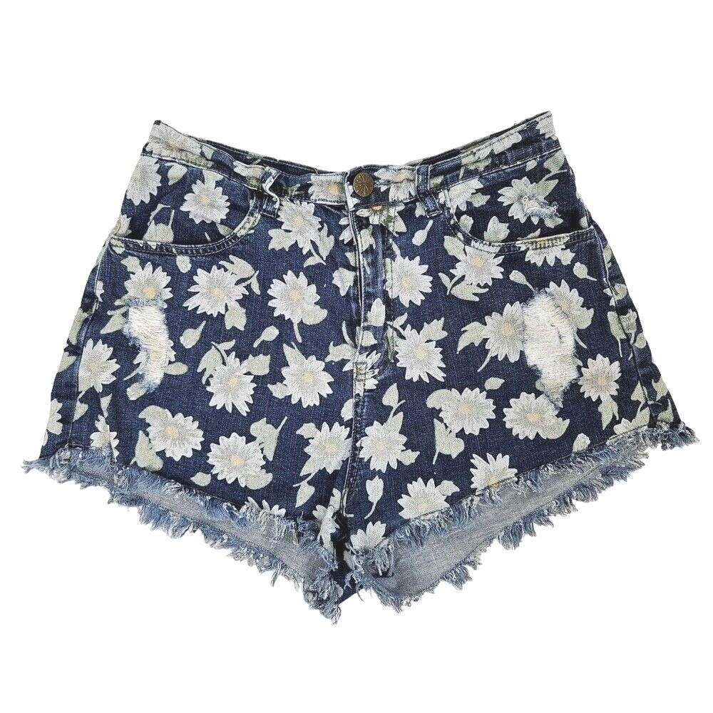 MuMu Blue High Waist Denim Shorts Womens Sz 31 Raw Hem Daisy Print Boho